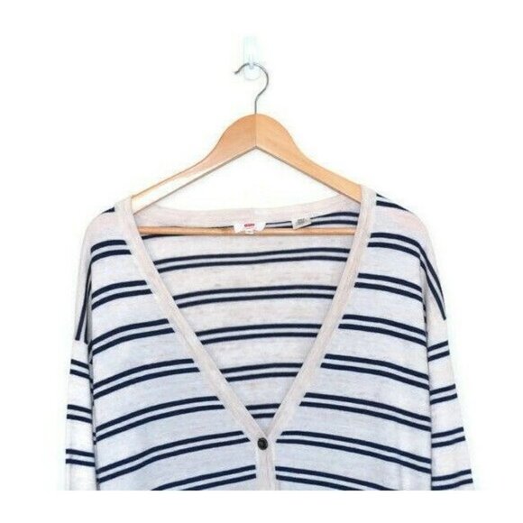 LEVIS Womens Lt Beige / Navy Stripe Button Up Soft Cotton Cardigan - Size M - Picture 4 of 6